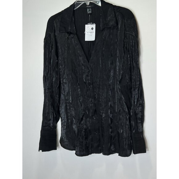 Forever 21 Tops - Forever 21‎ Long Sleeve Button Black Crinkle Slit Sides Women’s Size Large NWT
